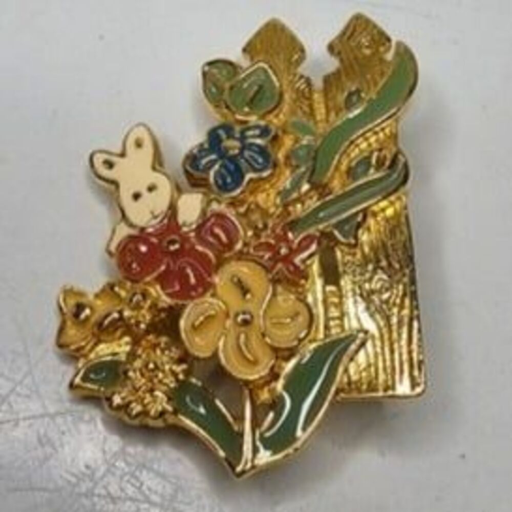 Gold Tone Rabbit & Floral Enamel Fence Brooch Pin 2"Lx1.5"W